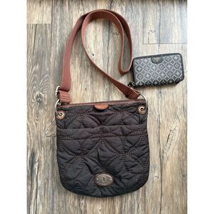 Fossil Key-Per Fabric Quilted Crossbody Bag Black Brown & Wallet
